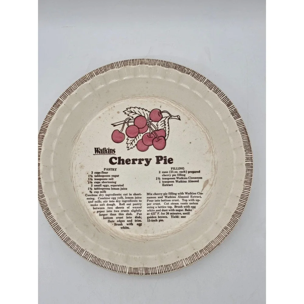 Vintage Watkins cherry pie plate with recipe 11